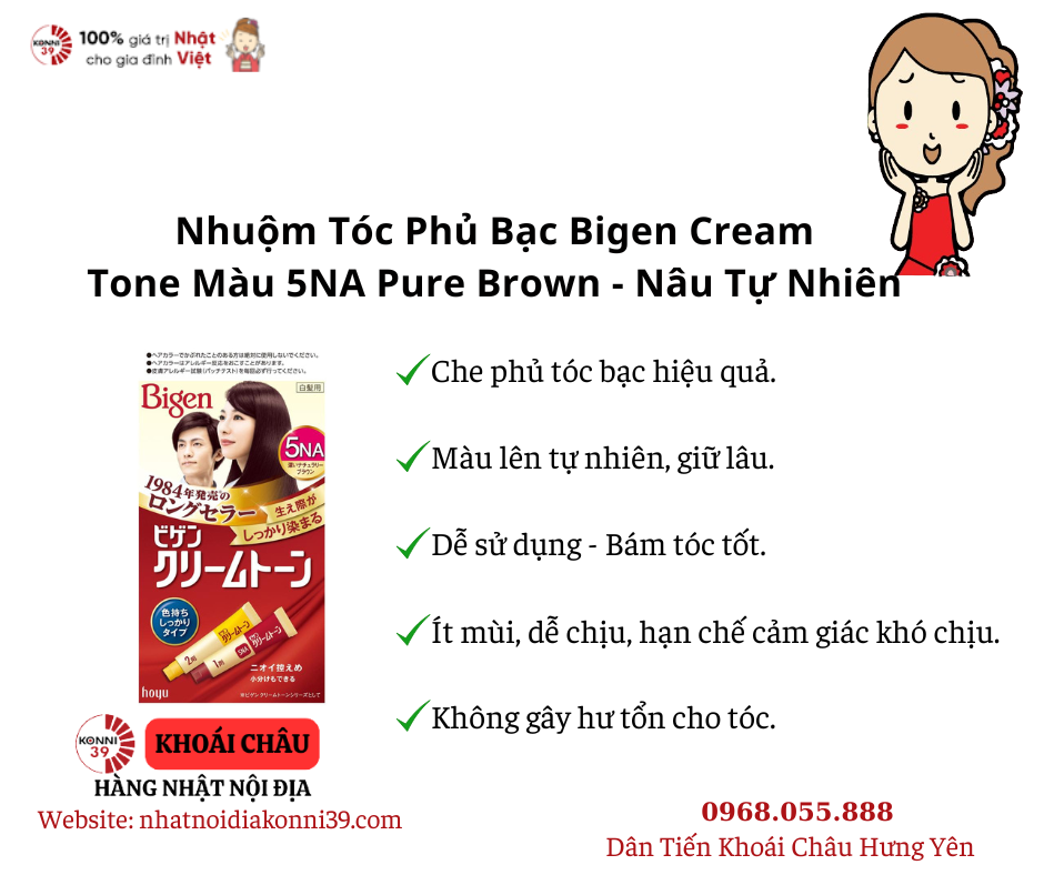 Nhuộm Tóc Phủ Bạc Bigen Cream Tone Màu 5NA Pure Brown - Nâu Tự Nhiên