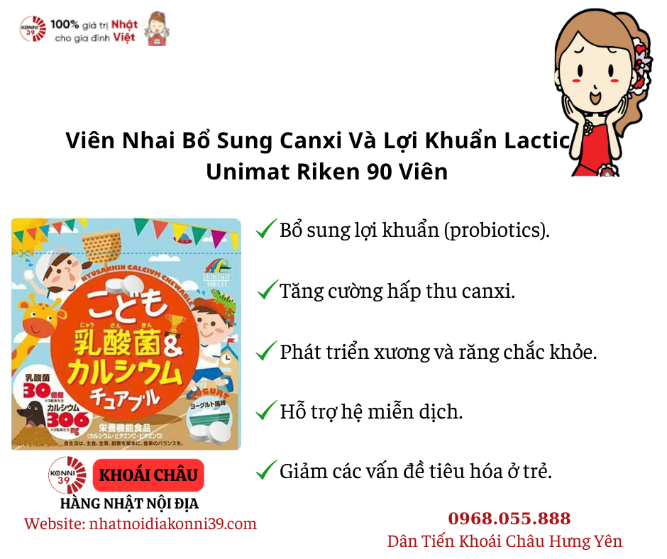 Viên Nhai Bổ Sung Canxi Và Lợi Khuẩn Lactic Unimat Riken 90 Viên