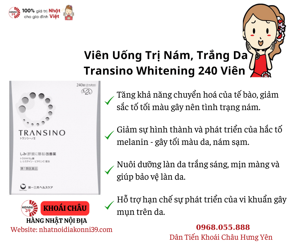 Viên Uống Trị Nám, Trắng Da Transino Whitening 240 Viên