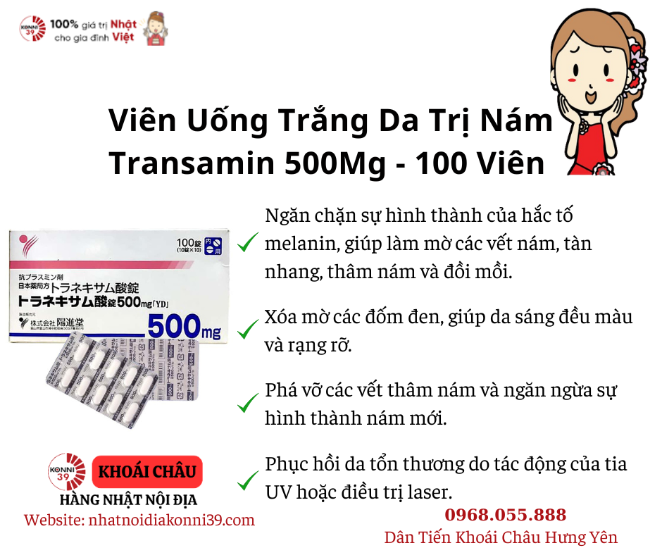 Viên Uống Trắng Da Trị Nám Transamin 500Mg Nhật Bản 100 Viên