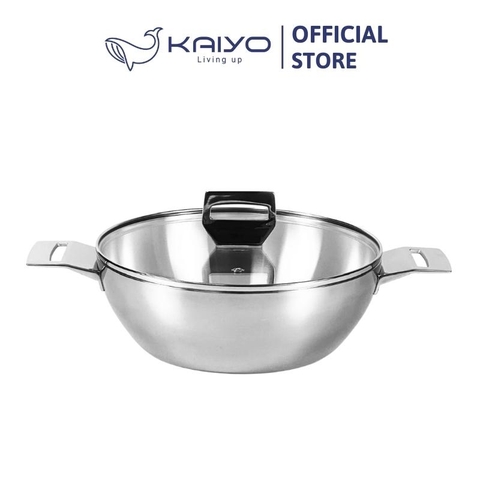 Chảo Inox 3 Lớp Đáy Liền Sâu Lòng Tri-Ply Kaiyo 2 Tay Cầm Size 24Cm