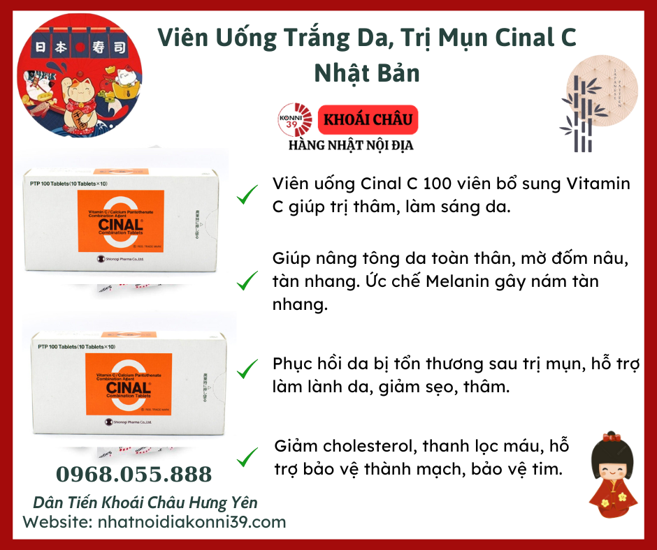 Viên Uống Trắng Da, Trị Mụn Cinal C Nhật Bản