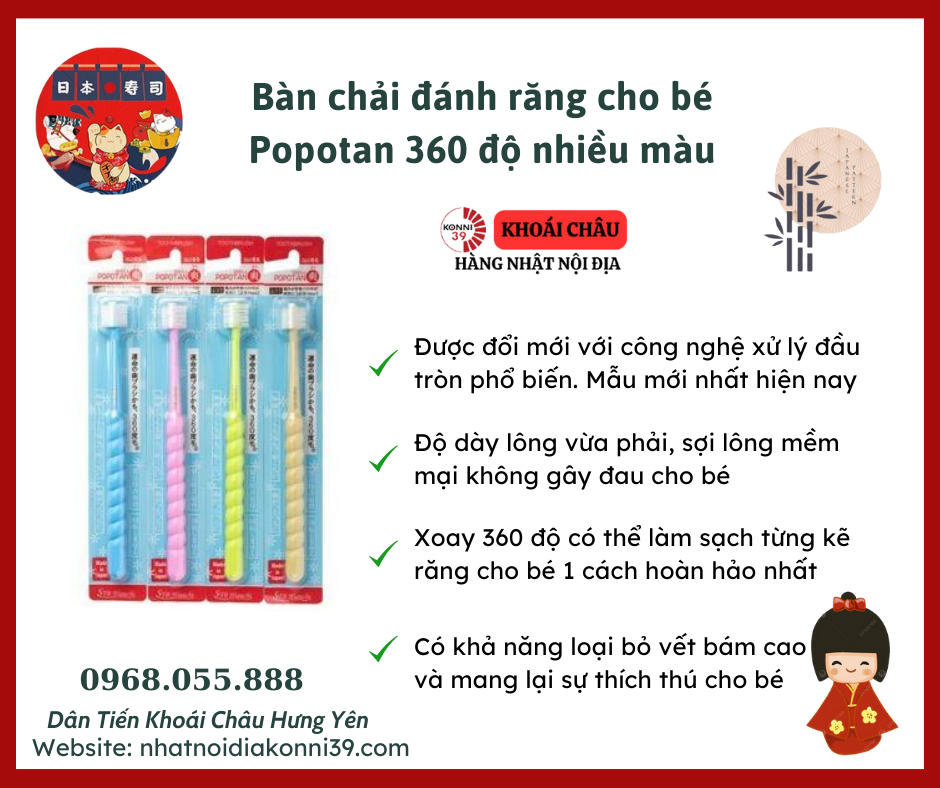 Bàn chải đánh răng cho bé Popotan 360 độ nhiều màu