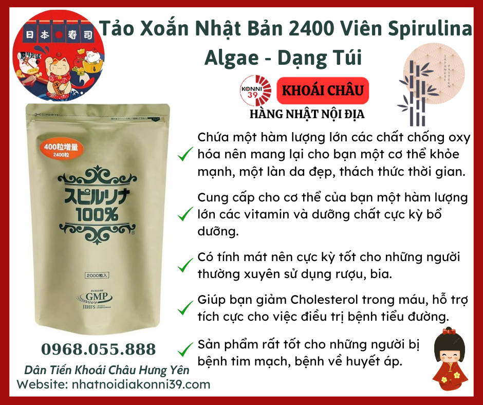Tảo Xoắn Nhật Bản 2400 Viên Spirulina Algae - Dạng Túi