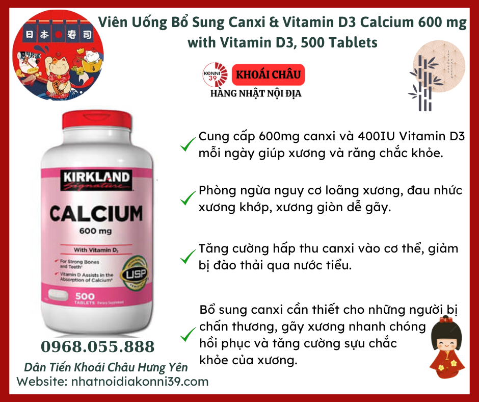 Viên Uống Bổ Sung Canxi & Vitamin D3 Calcium 600 mg. with Vitamin D3, 500 Tablets