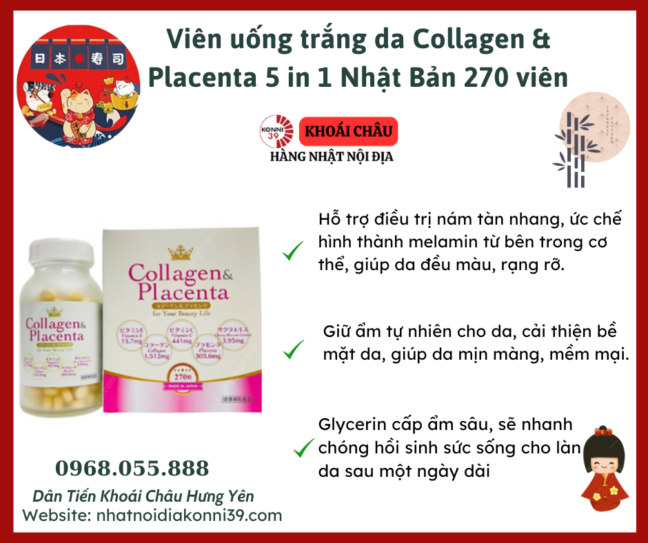 Viên uống trắng da Collagen & Placenta 5 in 1 Nhật Bản 270 viên