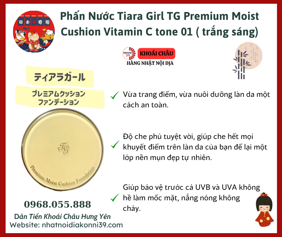 Phấn Nước Tiara Girl TG Premium Moist Cushion Vitamin C tone 01 ( trắng sáng)