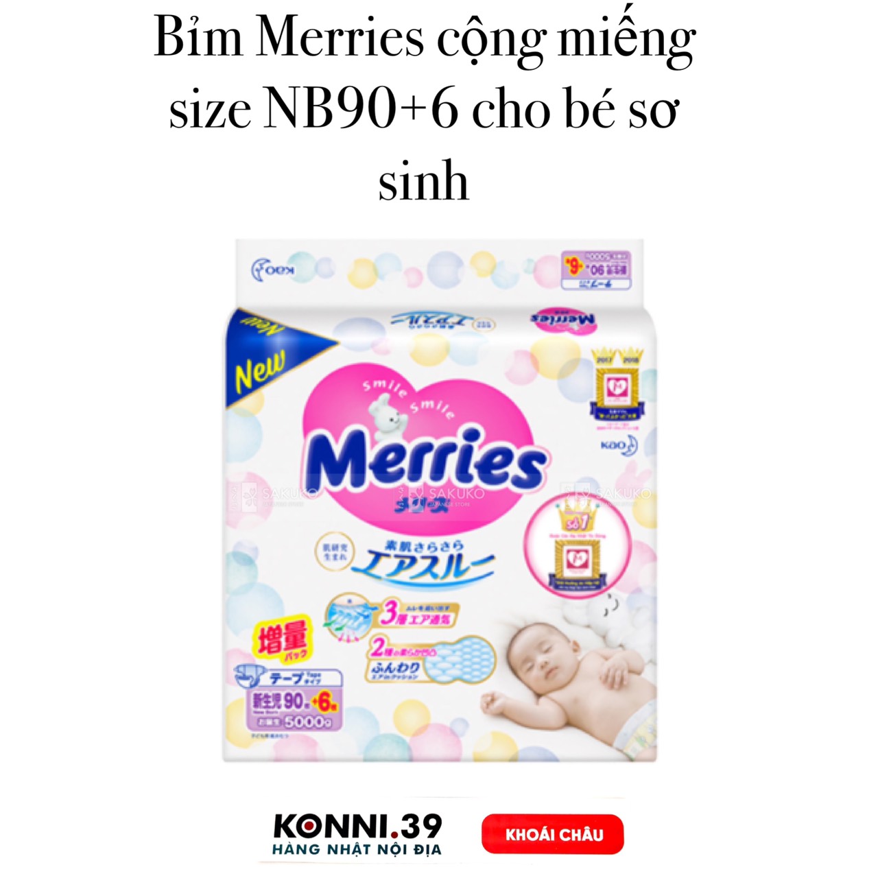 Bỉm Merries cộng miếng size NB90+6 cho bé sơ sinh