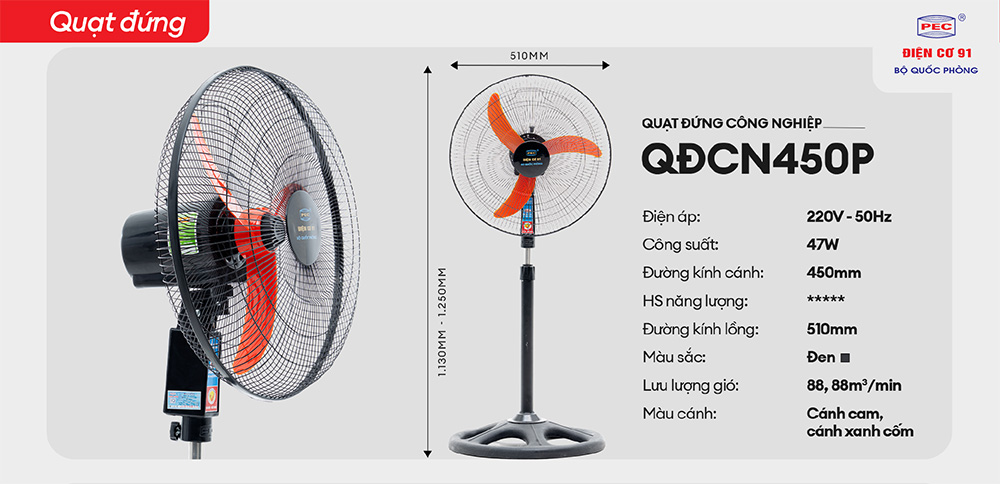 Quạt cây điện cơ 91 QĐ-CN450P, size 45cm, 47w, 3 cánh nhựa đỏ