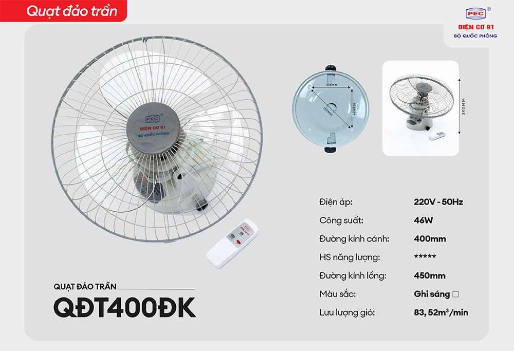 Quạt đảo trần điện cơ 91 QĐT-400, sải cánh 400 điều khiển từ xa