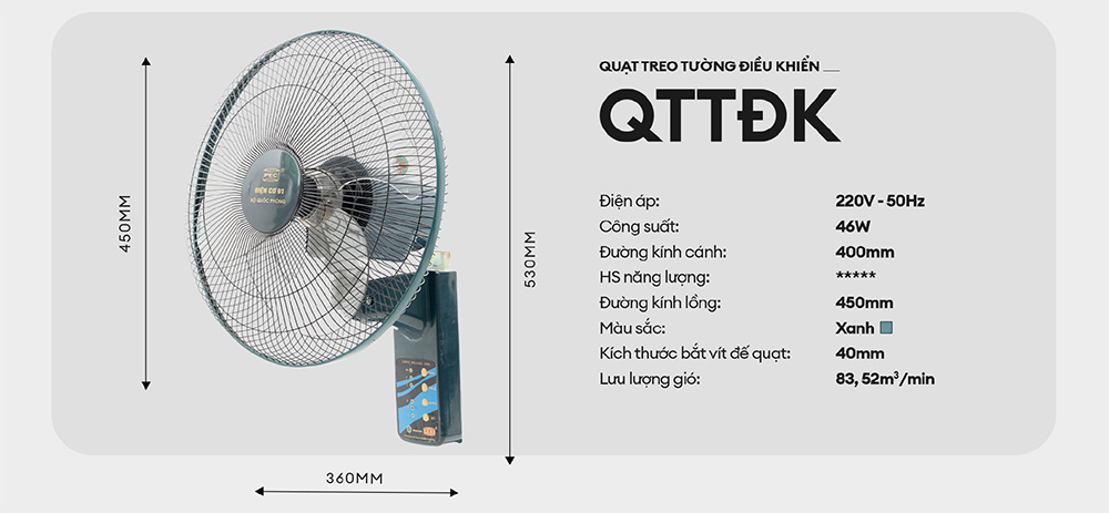 Quạt treo tường Điện cơ 91 QTT-ĐK có điều khiển từ xa