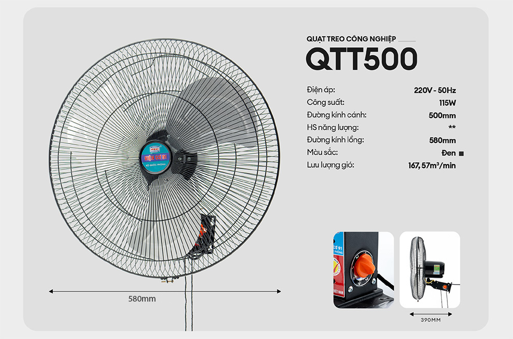 Quạt treo tường công nghiệp điện cơ 91 QTT-500 