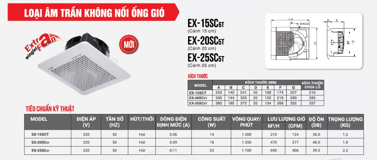 Quạt hút âm trần Mitsubishi EX-25SC5T không nối ống