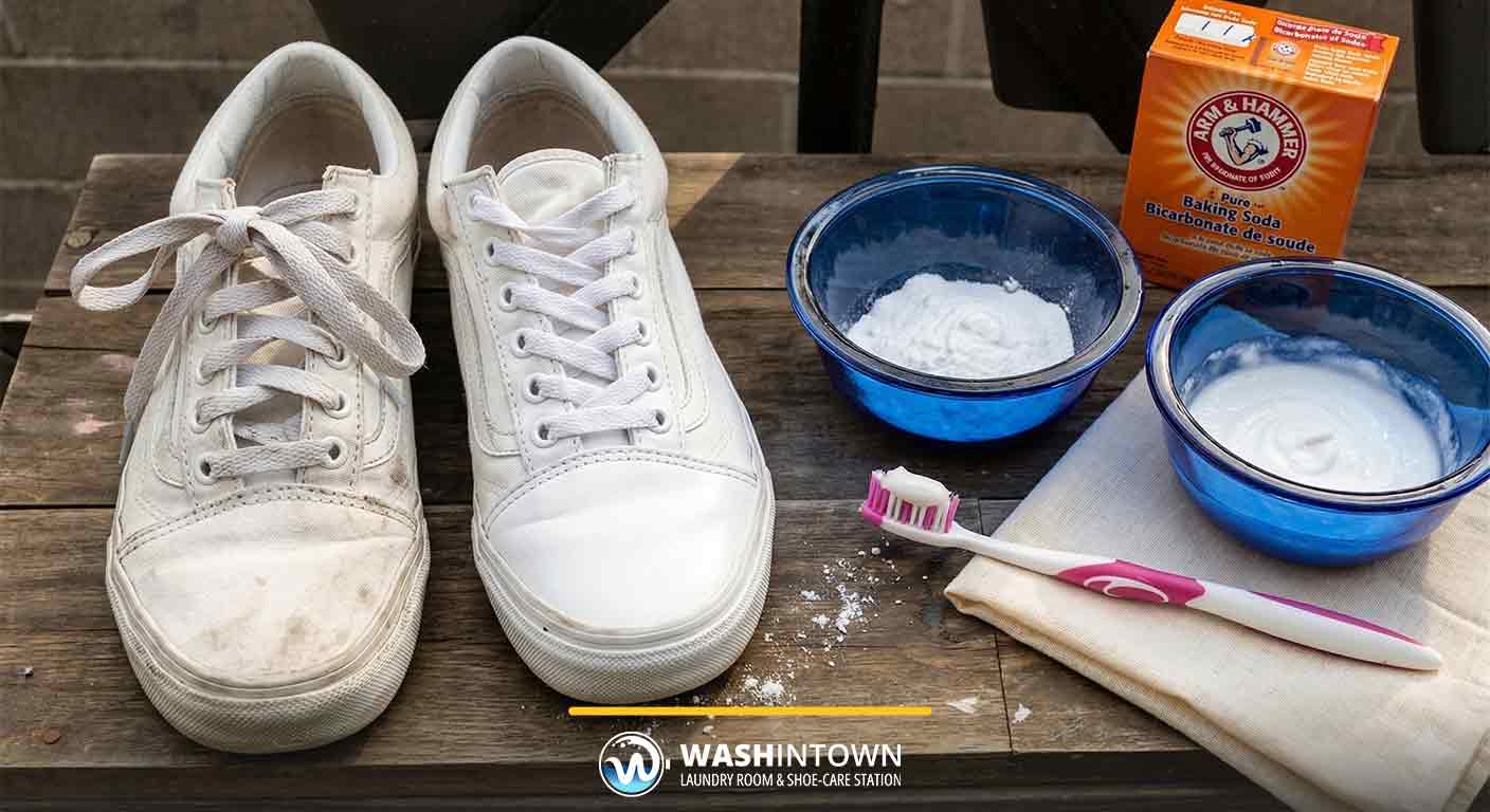 Quy trình chà đế giày bằng bàn chải và bột baking soda