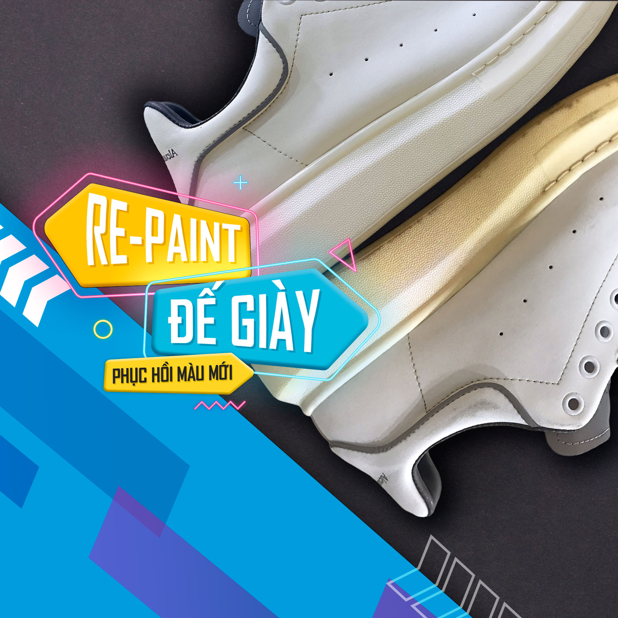 Đế giày sneaker bị ố vàng được sơn lại màu trắng nguyên bản