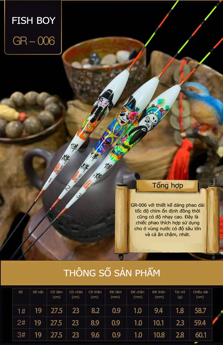 Phao Câu Đài Cao Cấp, Phao Lông Công Vẽ Tay Fish Boy GR006