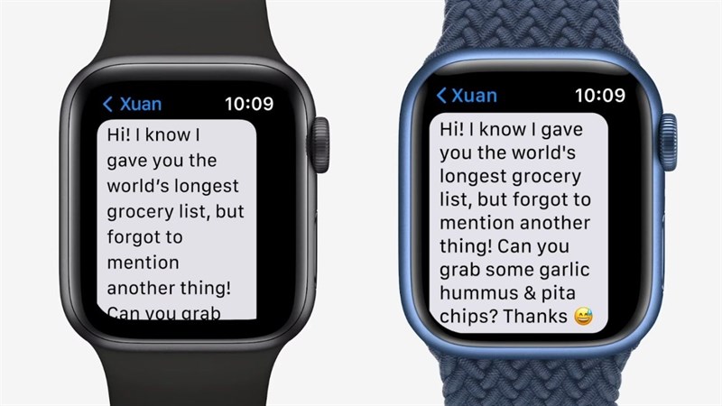 Apple Watch Series 7 đó chính là về màn hình với kích thước sẽ được làm lớn hơn, kéo ra sát các cạnh máy giúp bạn có không gian sử dụng nhiều hơn và thiết kế sản phẩm trông đẹp cũng như ấn tượng hơn. Kéo theo sự thay đổi về kích thước màn hình thì kích thước mặt đồng hồ cũng có sự tăng nhẹ từ 40 mm và 44 mm lên thành 41 mm và 45 mm.