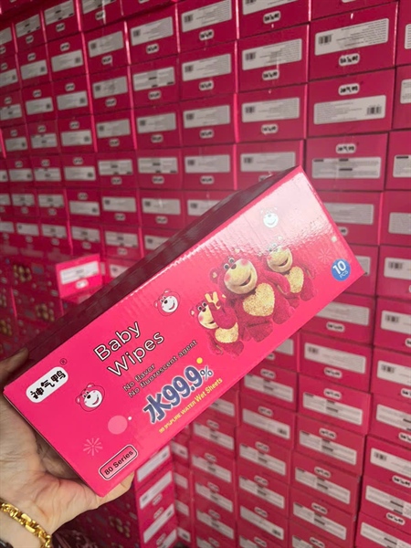 Hộp 10 gói khăn giấy ướt gấu LOTSO loại 80 tờ màu hồng đậm