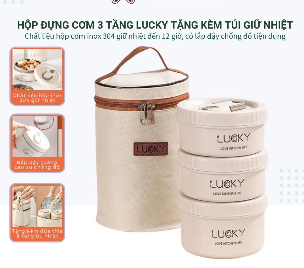 Hộp cơm giữ nhiệt inox 3 tầng kèm túi MEAK BAG cao cấp