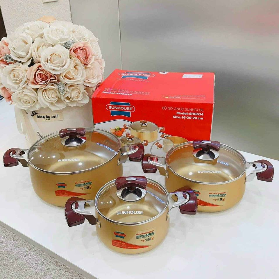 Bộ nồi Anod SUNHOUSE SH6634 vàng cao cấp