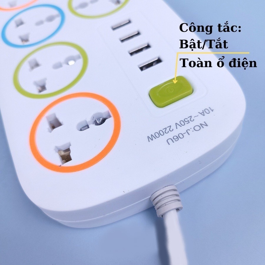 Ổ cắm điện hình chữ nhật đa năng 6 ổ cắm, 4 cổng USB