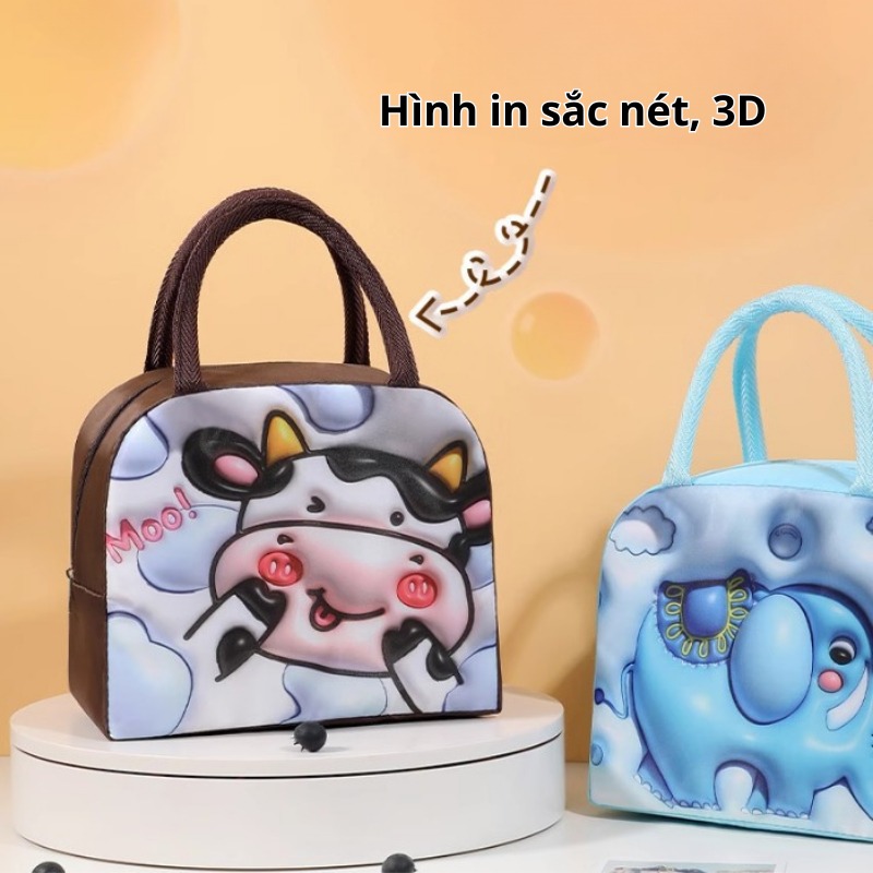 Túi đựng cơm cách nhiệt in hoạ tiết hoạt hình 3D dễ thương