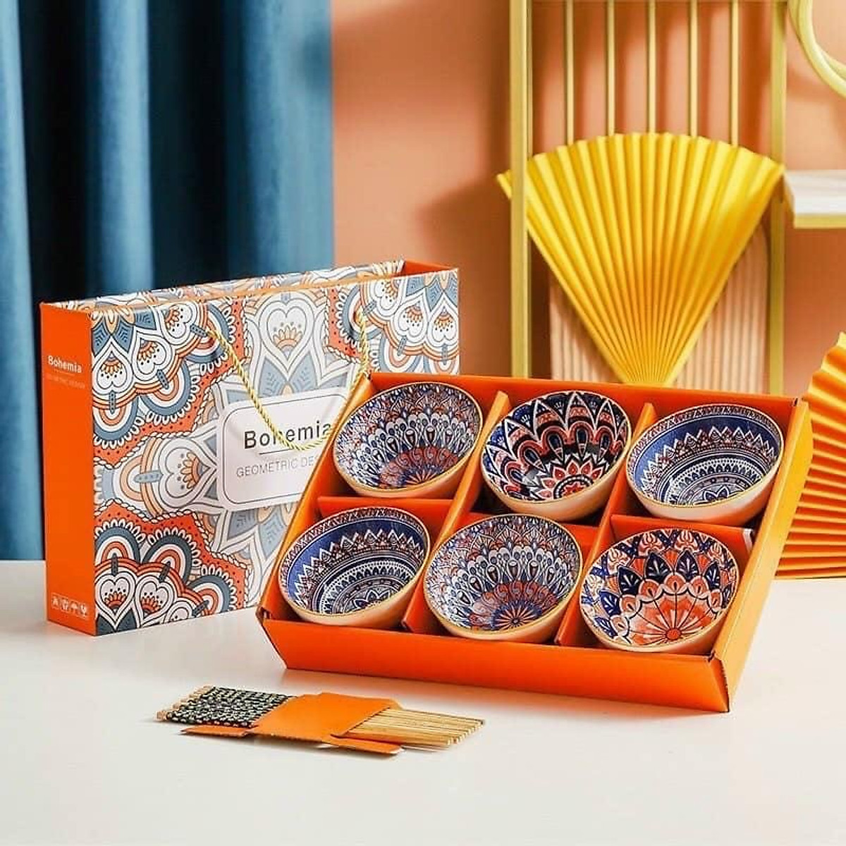 Bộ 6 bát hoạ tiết thổ cẩm sắc màu sang trọng KN5