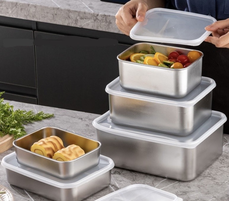 Hộp inox đựng thực phẩm tủ lạnh kèm nắp nhựa LOẠI TRUNG BÉ