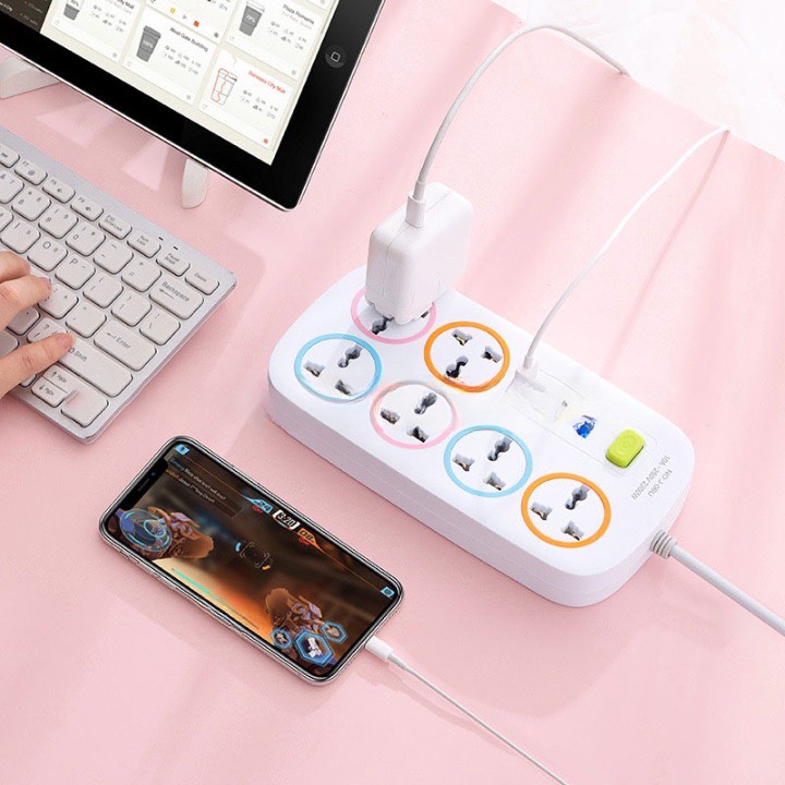 Ổ cắm điện hình chữ nhật đa năng 6 ổ cắm, 4 cổng USB