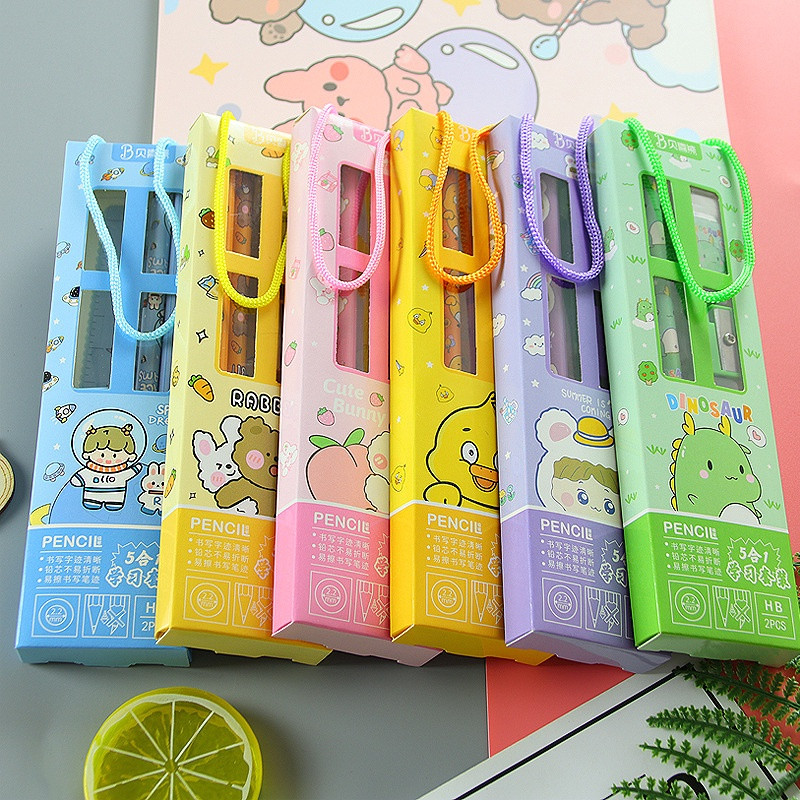 Bộ dụng cụ học tập bút chì thước kẻ 5 món cho bé 