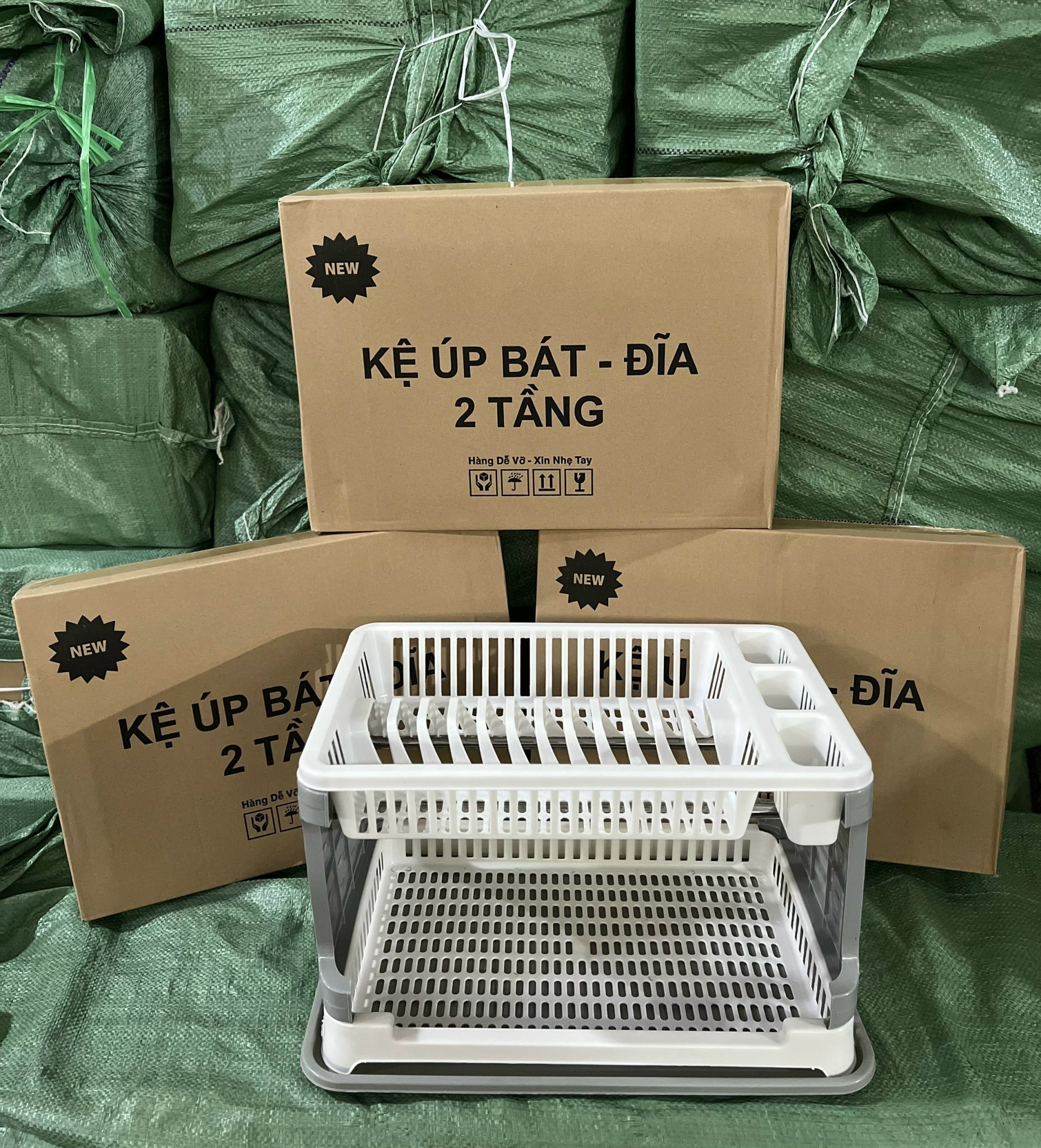 Kệ úp bát đĩa 2 TẦNG có ống đũa muỗng kèm khay hứng  tiện dụng