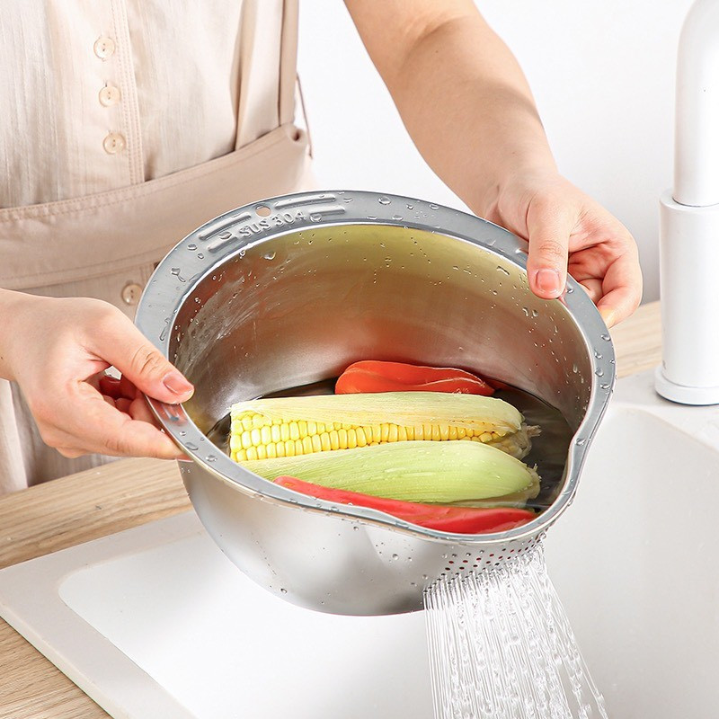 Chậu vo gạo bằng inox chống han gỉ có lổ thoáng nước