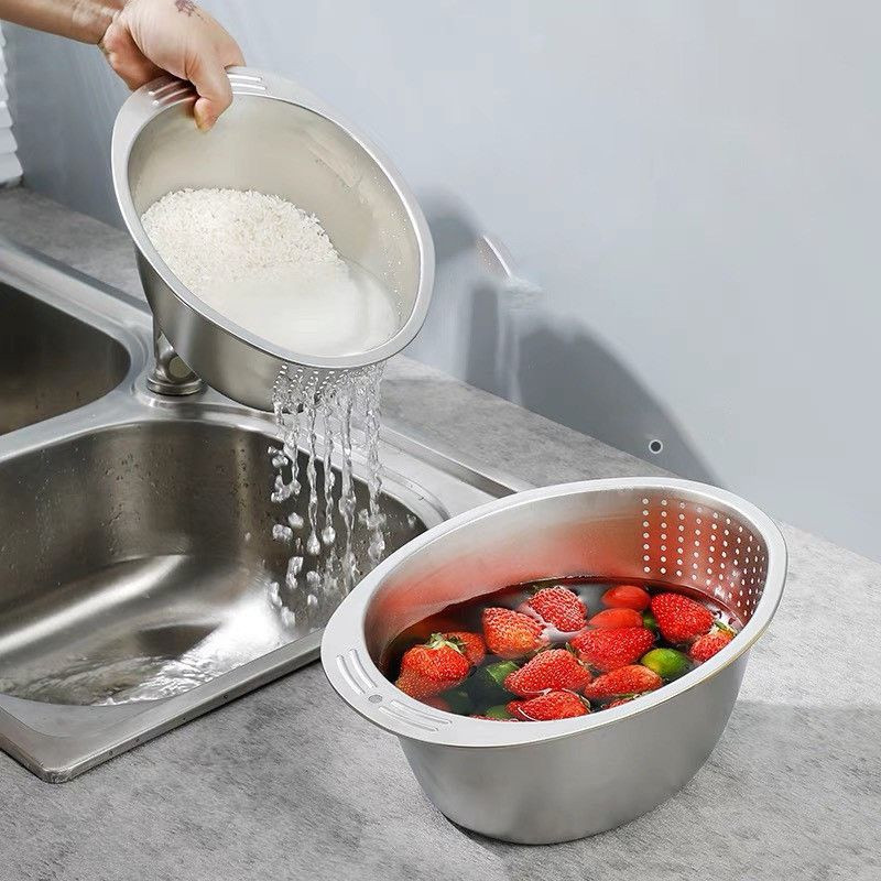 Chậu vo gạo bằng inox chống han gỉ có lổ thoáng nước