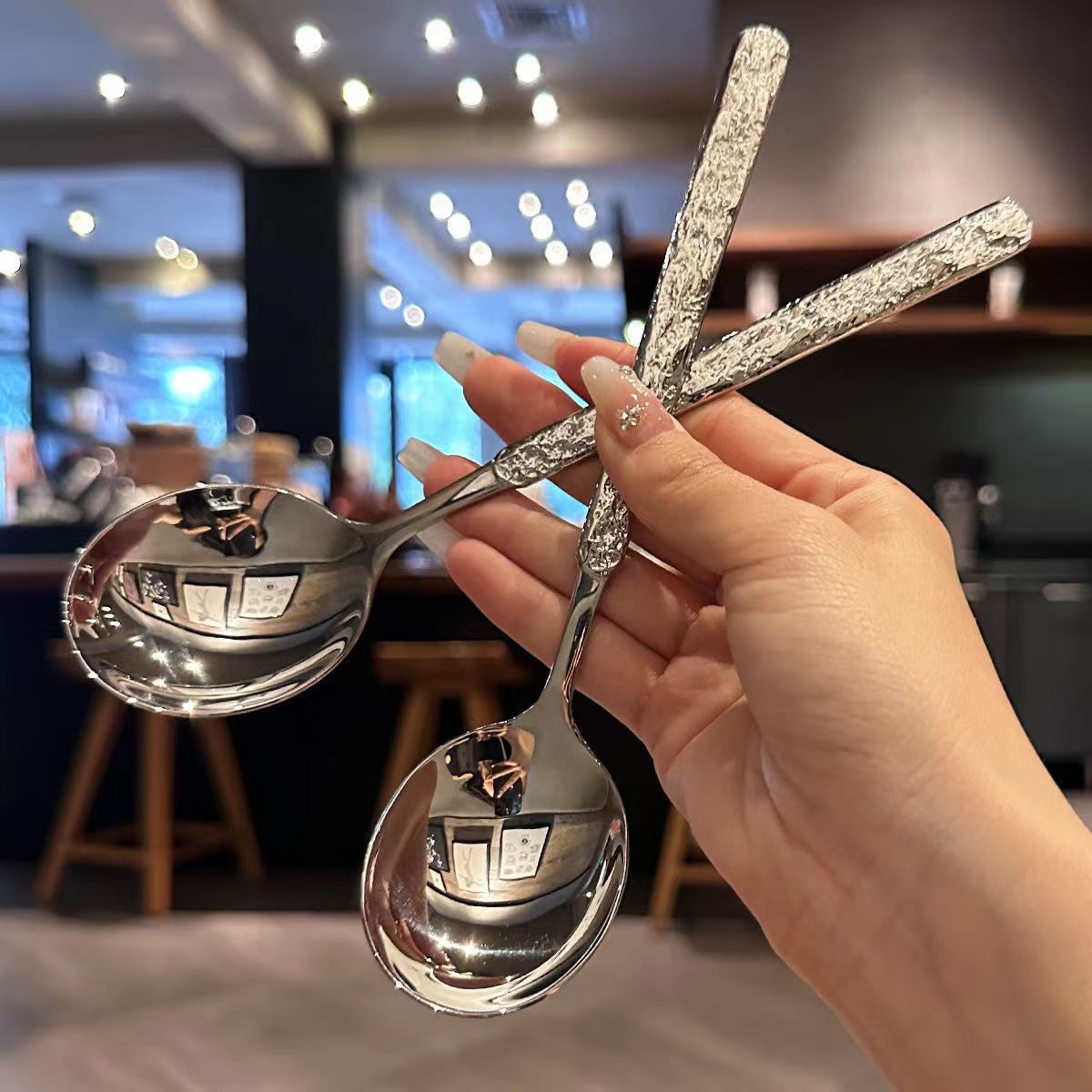 Set 10 thìa inox vân bì tay cầm dài sang trọng