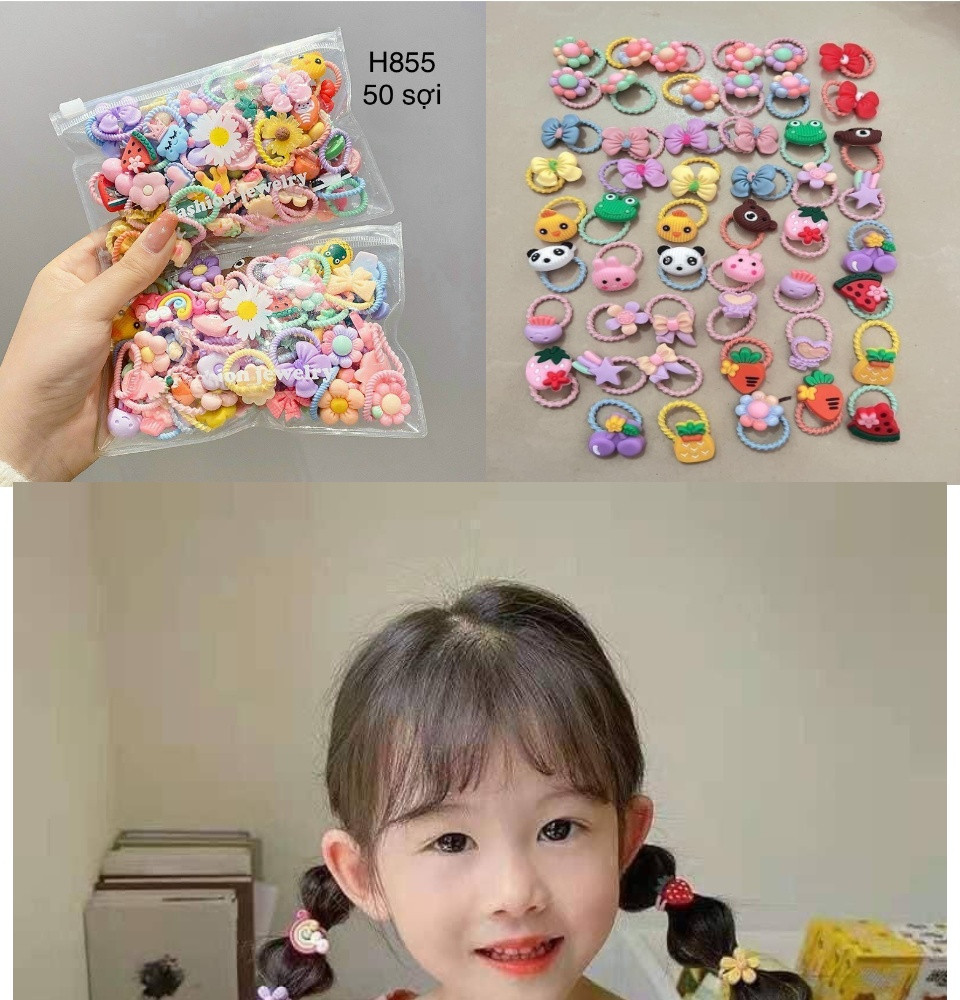 Set 50 dây buộc tóc gắn CHARM dễ thương kèm túi zip