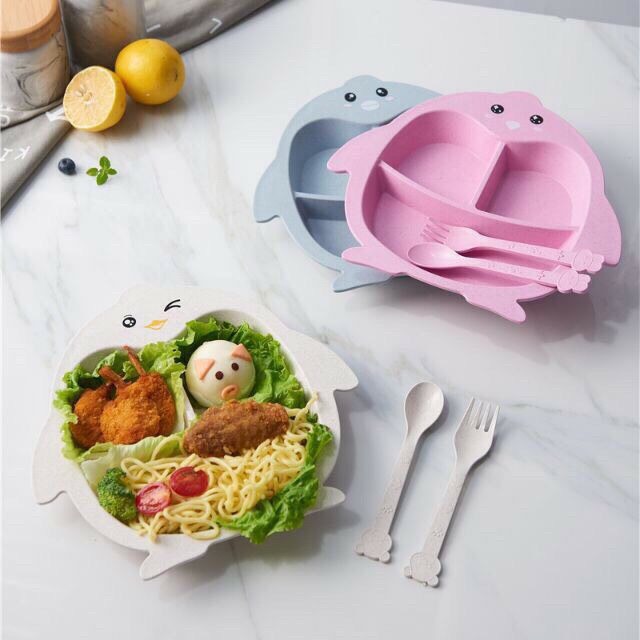 Bộ khay ăn dặm 3 ngăn kèm đũa và đĩa cho bé 