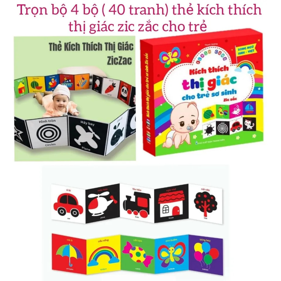 Bộ 40 tranh kích thích thị giác Zic Zắc song ngữ Anh Việt cho bé