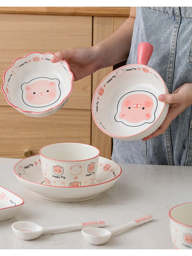 Bát sứ ăn dặm hình con lợn hồng cute 