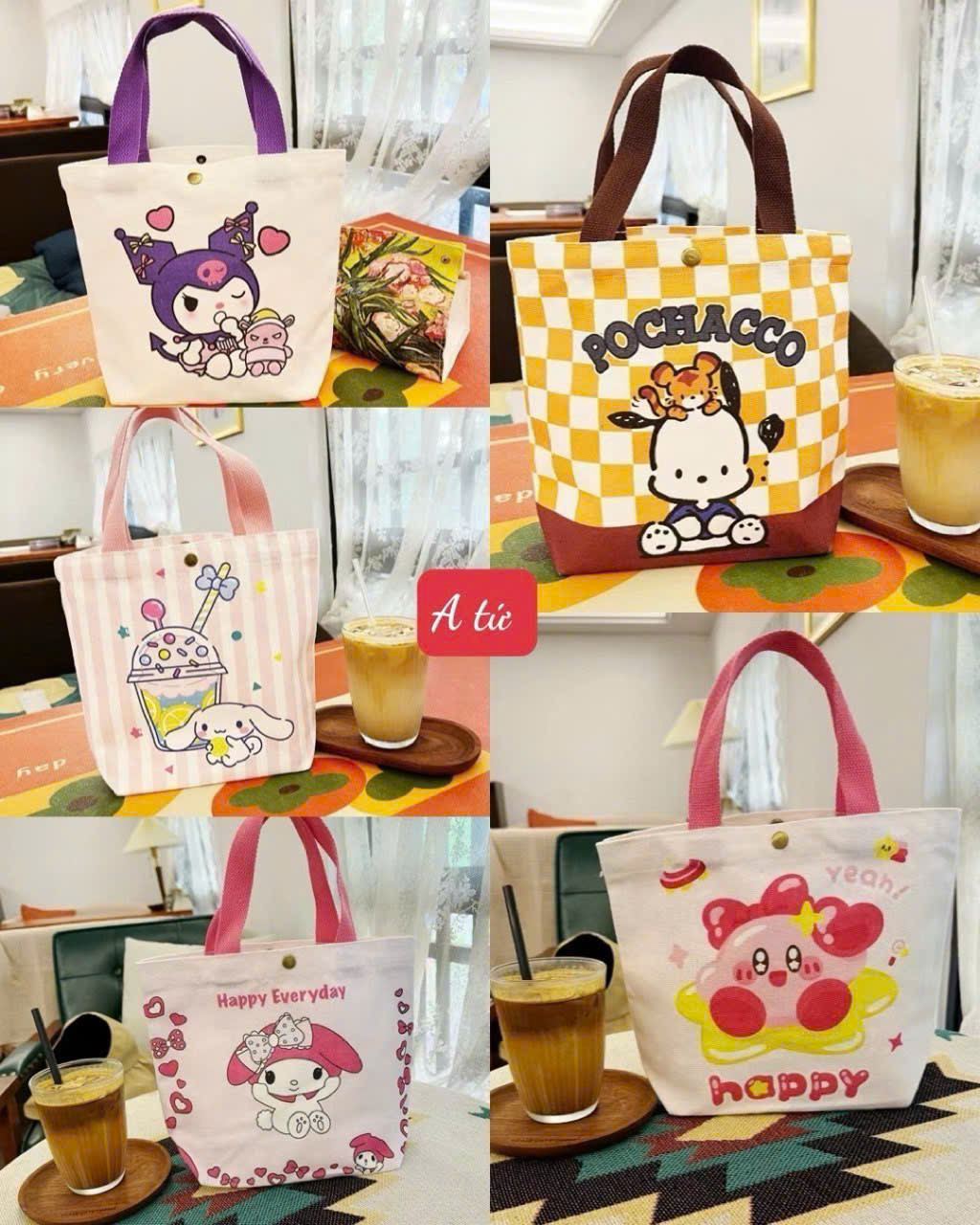 Túi xách vải canvas Nút Bấm hoạt hình dễ thương