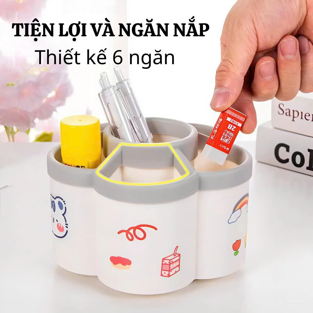 Hộp đựng bút để bàn xoay 360 hình hoa 6 ngăn