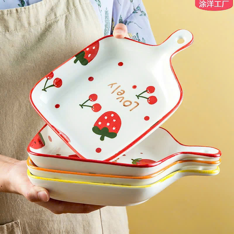 Đĩa sứ vuông hoạ tiết hoa quả có tay cầm dễ thương