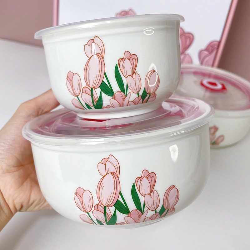 Bộ 3 thố sứ hoa TULIP có nắp hút chân không (T20)