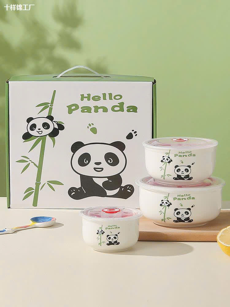 Bộ 3 thố sứ GẤU TRÚC có nắp hút chân không 