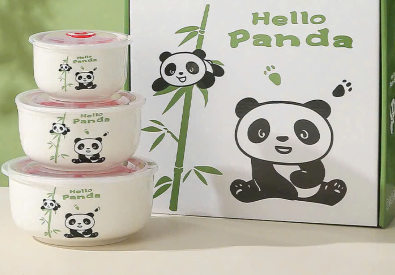 Bộ 3 thố sứ GẤU TRÚC có nắp hút chân không 