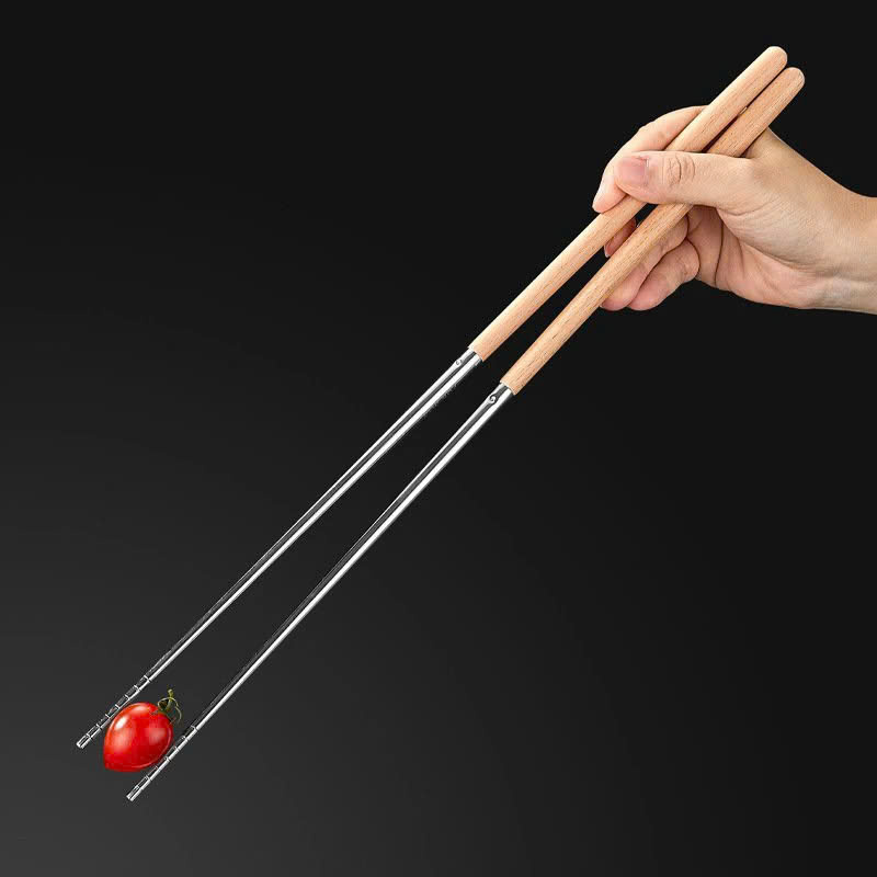 Đũa xào inox tay cầm bằng gỗ, đầu đũa thép không gỉ loại siêu dài 
