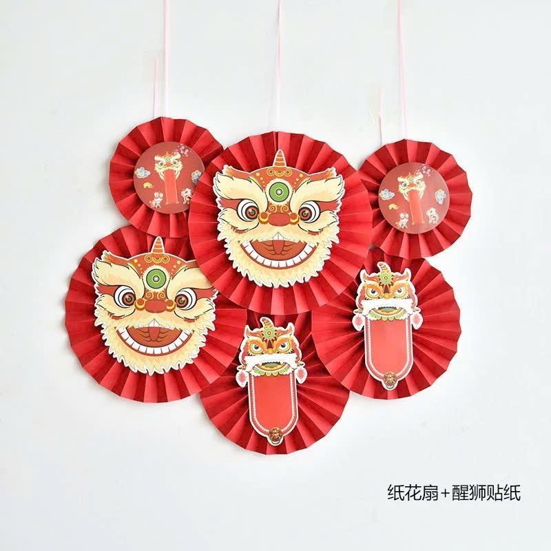 Set 6 quạt giấy hình Lân deccor nhà cửa ngày tết
