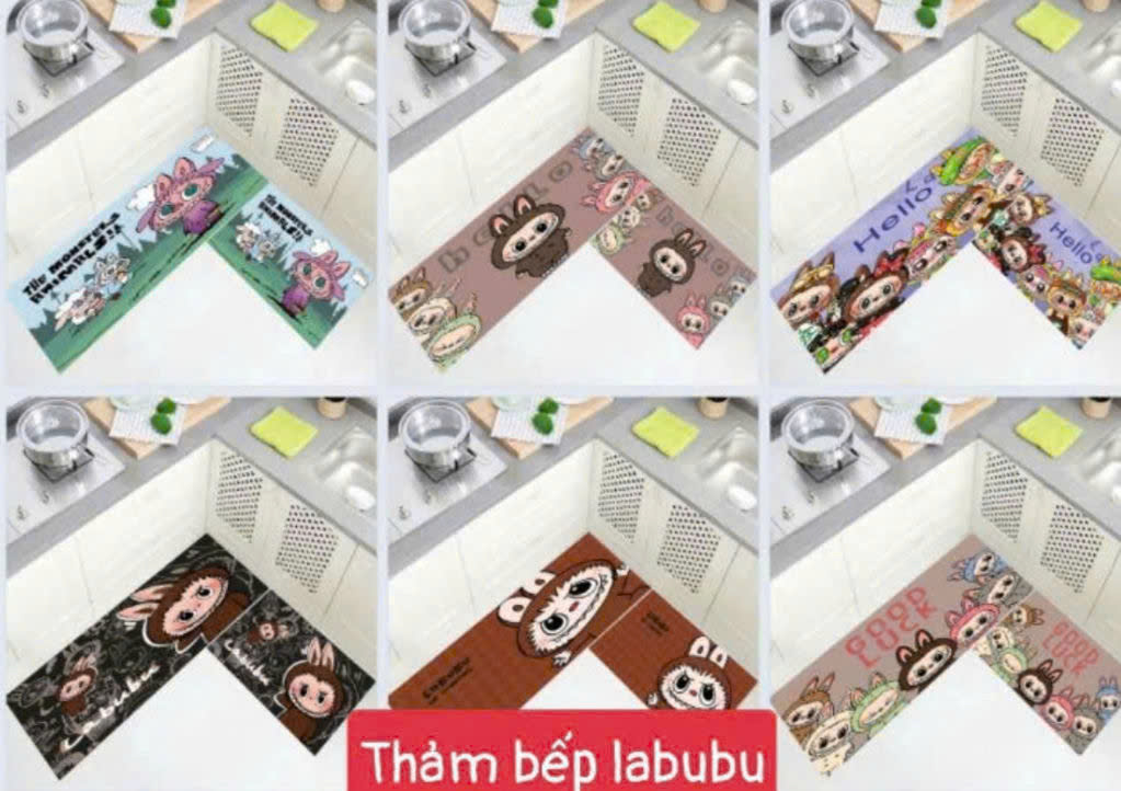 Combo 2 tấm thảm trải sàn nhà bếp hình Labubu chống thấm nước 