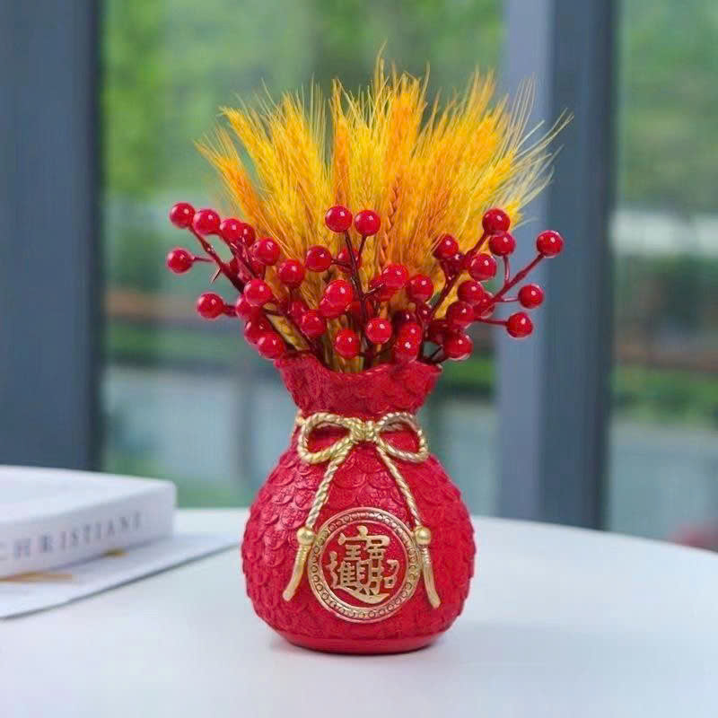 Set bình hoa túi tiền kèm cành đào đông đỏ và lúa mạch