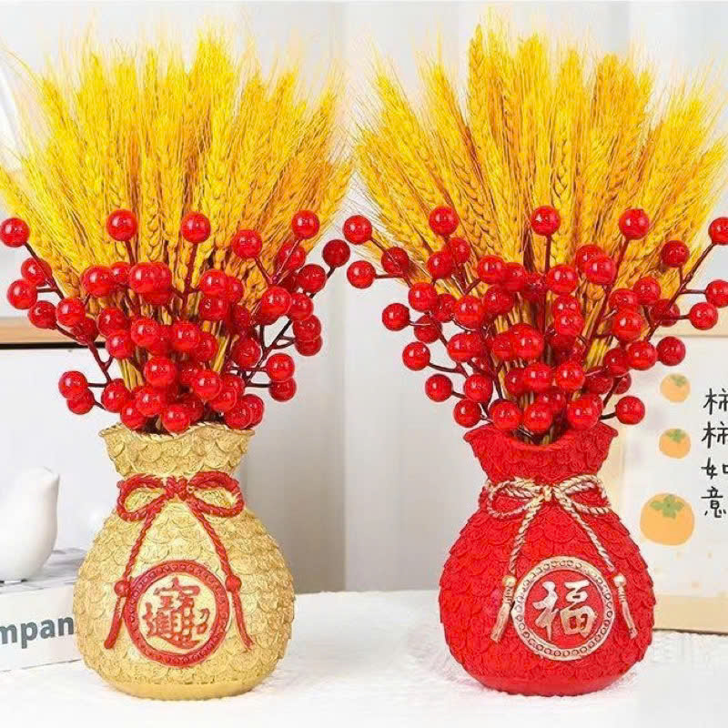 Set bình hoa túi tiền kèm cành đào đông đỏ và lúa mạch