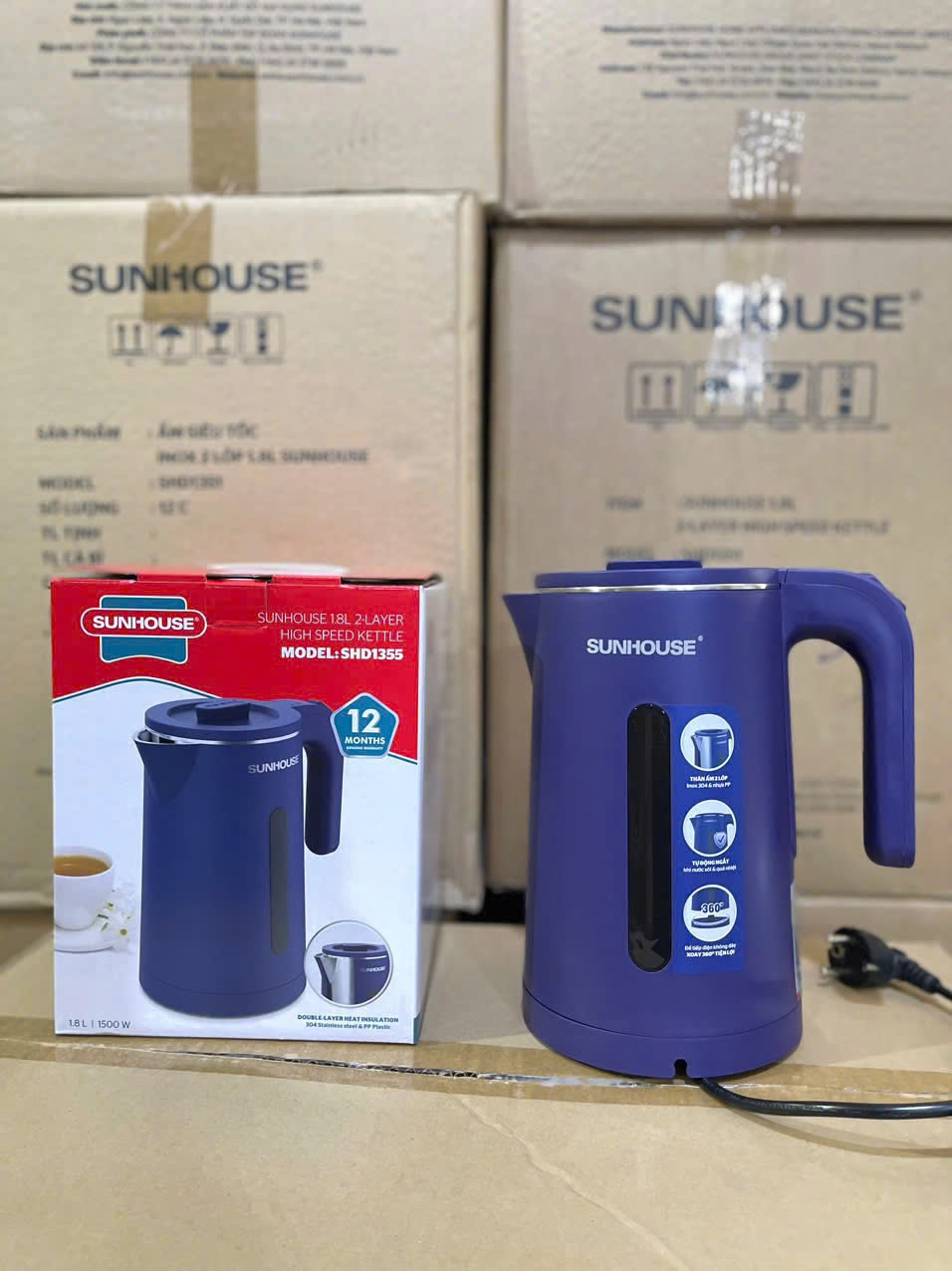 Ấm siêu tốc inox 2 lớp 1.8L XANH ĐEN Sunhouse - SHD1355